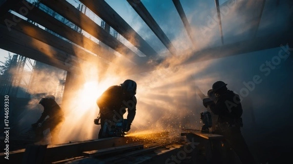 Obraz Skilled Tradesmen Reinforcing a Loft Roof with Tools in Action