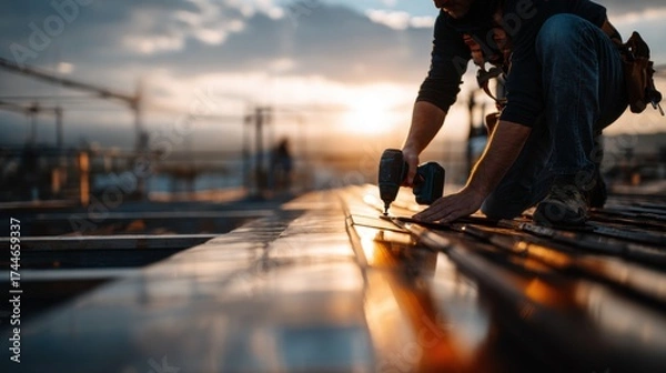 Obraz Roofer Adjusting Glossy Orange Tiles at Sunset on a Construction Site