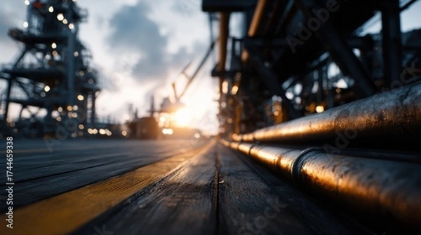 Obraz Tight Shot of Aligned Pipes on Oil Platform at Dusk