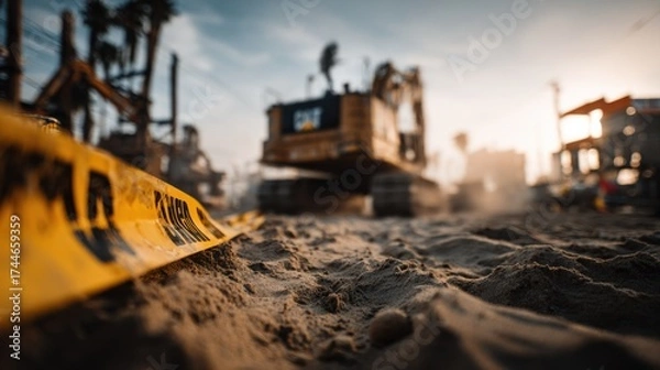 Obraz Danger Sign on Construction Site Near Trench with Heavy Machinery