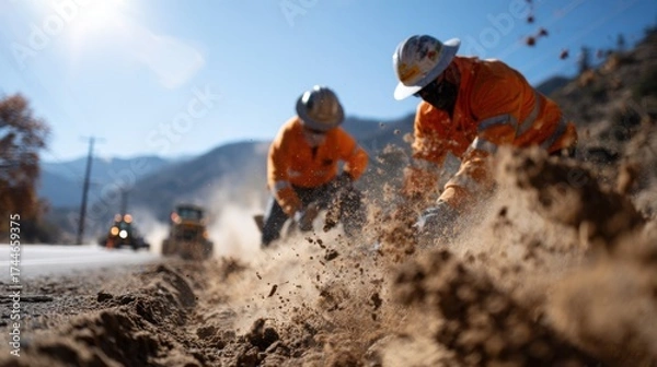 Obraz Construction Crew in Orange Visibility Gear Working on Dig Site