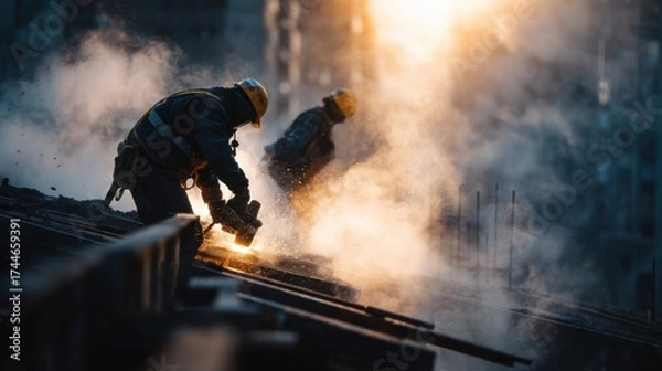 Obraz Two Workers in Helmets and Vests Constructing Roof at Sunrise