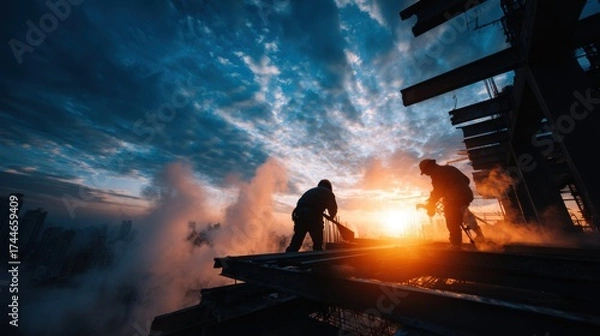 Obraz Two Workers in Helmets and Vests Constructing Roof at Sunset