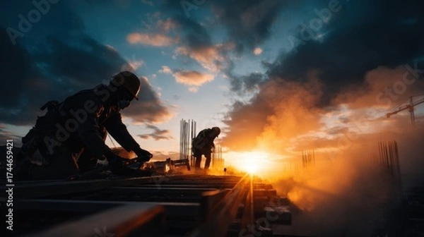 Obraz Two Construction Workers in Helmets and Vests on Rooftop at Sunset