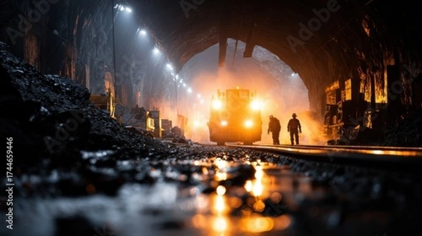 Obraz Illuminated Underground Mining Tunnel with Workers and Machinery