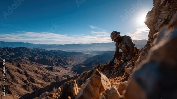 Obraz Archaeologist Examining Rocks in Rugged Landscape under Blue Sky