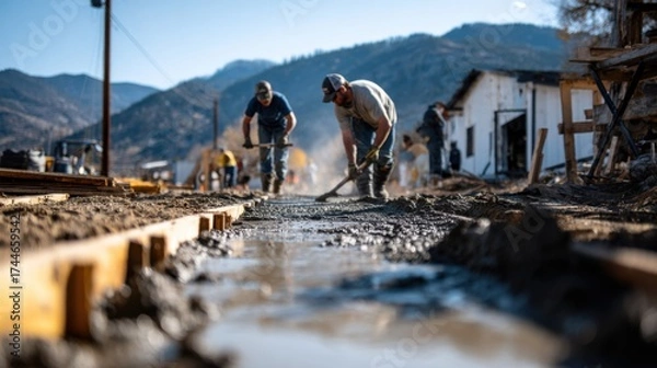Obraz Workers Smoothing Wet Concrete on a Driveway in Bright Conditions