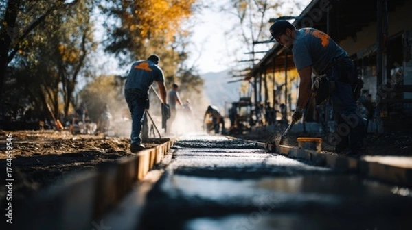 Obraz Workers Smoothing Wet Concrete on Driveway in Bright Sunshine