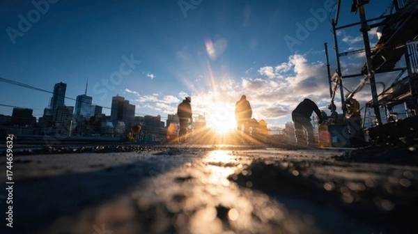 Obraz Wide Angle Shot of Concrete Rooftop Pouring Process at Sunset