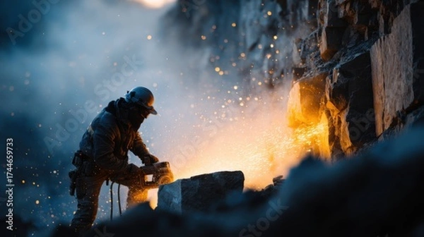 Obraz Worker Drilling Into Mine Rock Wall with Pneumatic Tool at Sunset