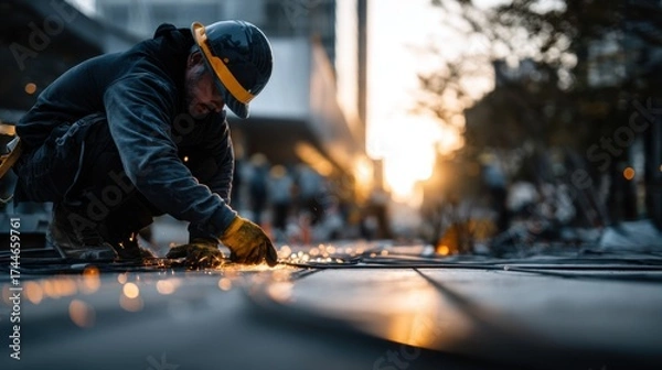 Obraz Worker in Casual Protective Gear Arranging Wires at Sunset