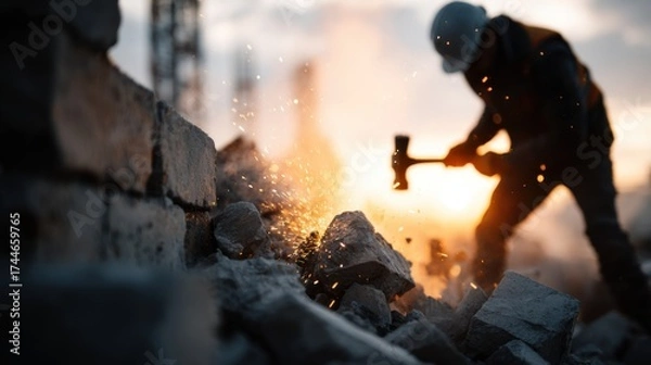 Obraz Worker Swinging Hammer While Building Wall at Construction Site