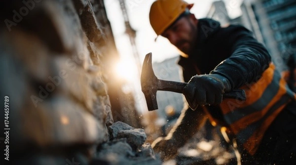 Obraz Construction Worker Swinging Hammer at Building Wall in Daylight