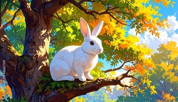Obraz White rabbit on a tree branch