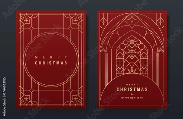 Fototapeta Christmas and Happy Holidays card vector set. Glasswork decorative, gothic stained glass on red background. Design illustration for poster, cover, product, ads.