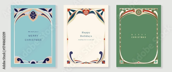 Fototapeta Christmas and Happy Holidays card vector set. Glasswork decorative, gothic stained glass and snowflake on blue, green and light background. Design illustration for poster, cover, product, ads.