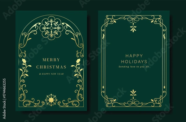 Fototapeta Christmas and Happy Holidays card vector set. Luxury gold victorian frame, holly leaf branch, snowflake, pinecone on green background. Design illustration for poster, cover, product, ads.