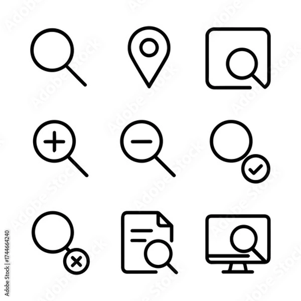 Fototapeta Black Line Icon Set Featuring Magnifying Glasses Location Pin and Document Search.