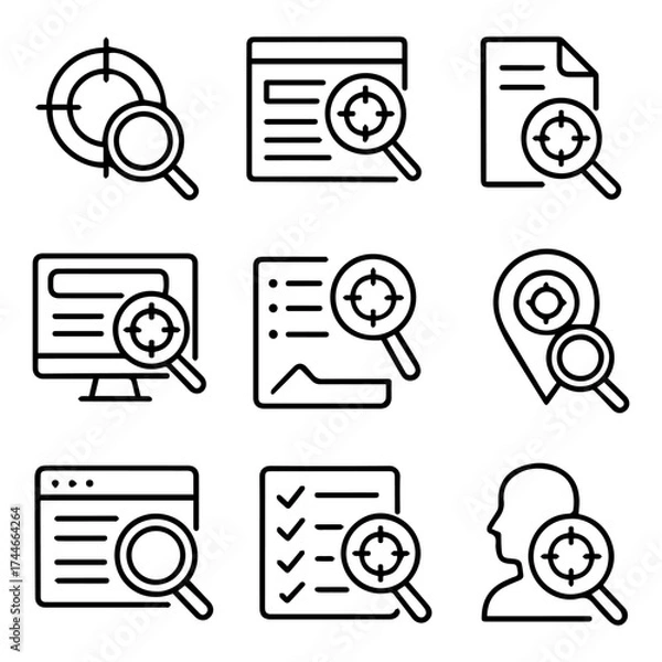 Fototapeta Black Line Icons Depicting Search Analysis and Targeting with Magnifying Glasses.