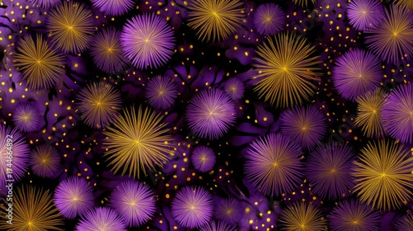 Fototapeta Galactic Fireworks: Abstract Purple and Gold Starburst Background