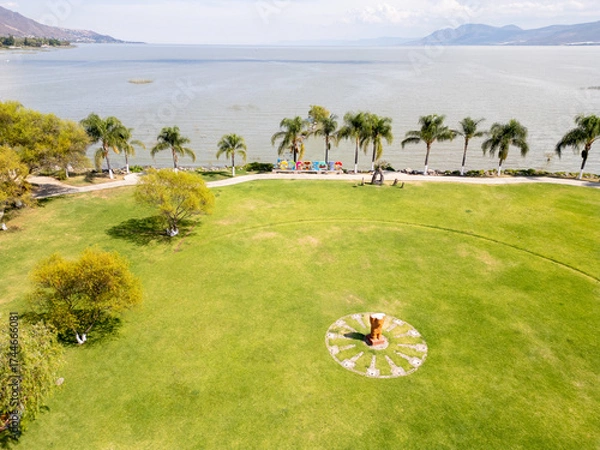 Fototapeta Scenic aerial panoramic shot of Jocotepec malecon and waterfront on Lake Chapala in Jalisco Mexico