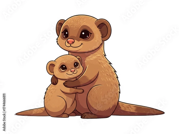 Fototapeta Heartwarming cartoon illustration of a mother meerkat lovingly hugging her small baby pup against a white background.