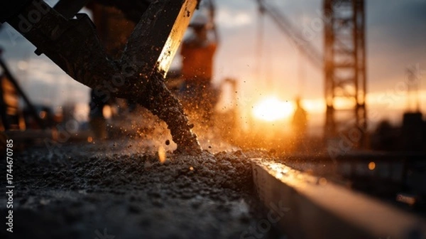 Obraz Worker Pouring Concrete into Structured Formwork at Sunset