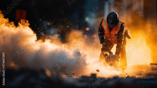 Obraz Construction Worker with Jackhammer on Urban Pavement at Sunset
