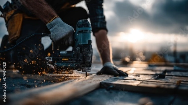 Obraz Worker Using Pneumatic Nail Gun to Secure Tile on Construction Site