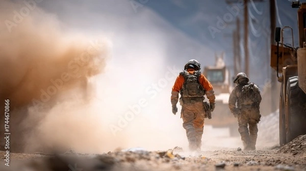 Obraz Workers in Safety Gear Traversing Dusty Desert Environment