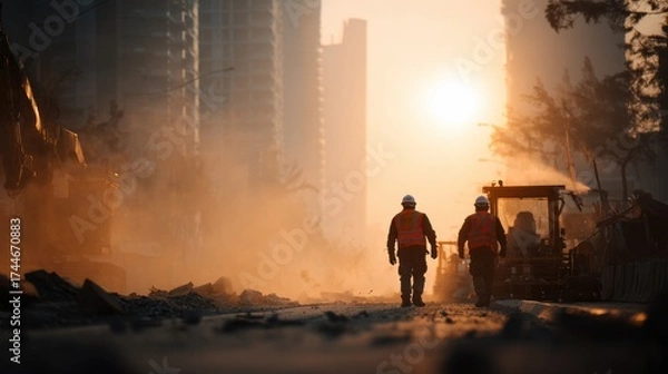 Obraz Safety Workers in Helmets and Vests on Construction Site at Sunset