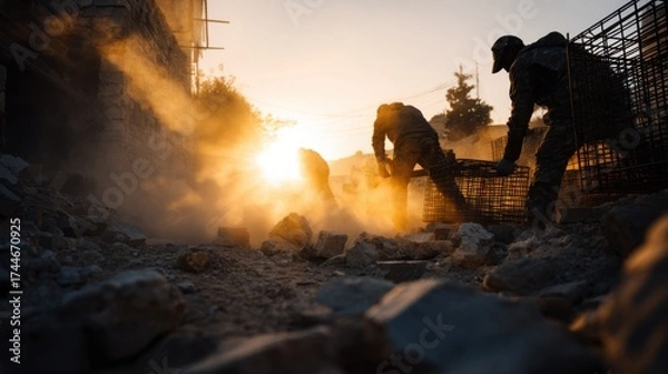 Obraz Workers Manually Sorting Rubble into Wire Mesh Cages at Sunset