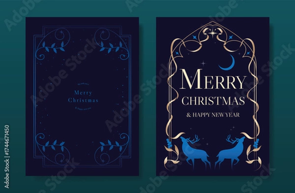 Fototapeta Christmas and Happy Holidays card vector set. Luxury gold victorian frame, reindeer, leaves branch on navy blue background. Design illustration for poster, cover, invitation, ads.