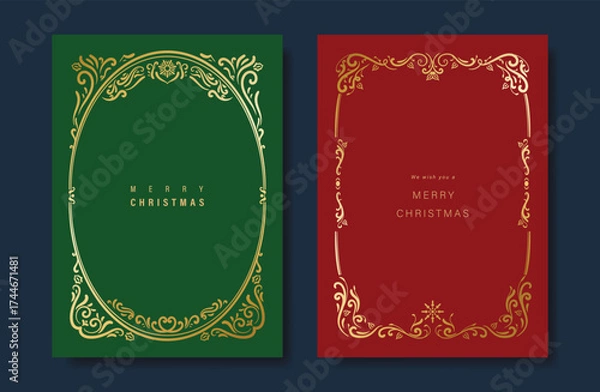 Fototapeta Christmas and Happy Holidays card vector set. Luxury gold victorian frame, leaves branch, snowflake on green and red background. Design illustration for poster, cover, invitation, ads.