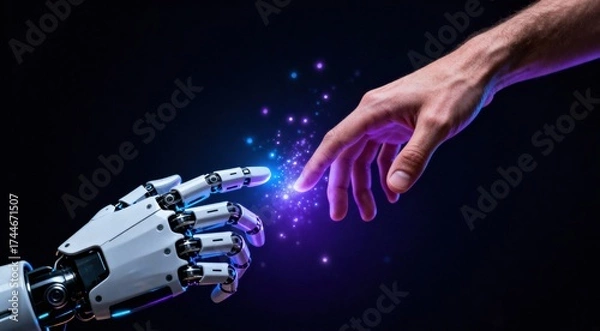 Fototapeta Human Hand Touching Robot Hand. Concept of Artificial Intelligence (AI) and Digital Connection between Humanity and Technology.