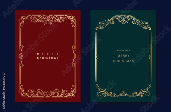 Fototapeta Christmas and Happy Holidays card vector set. Luxury gold victorian frame, leaves branch, snowflake on green and red background. Design illustration for poster, cover, invitation, ads.