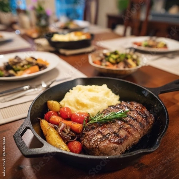 Obraz Delicious steak with mashed potatoes and vegetables.