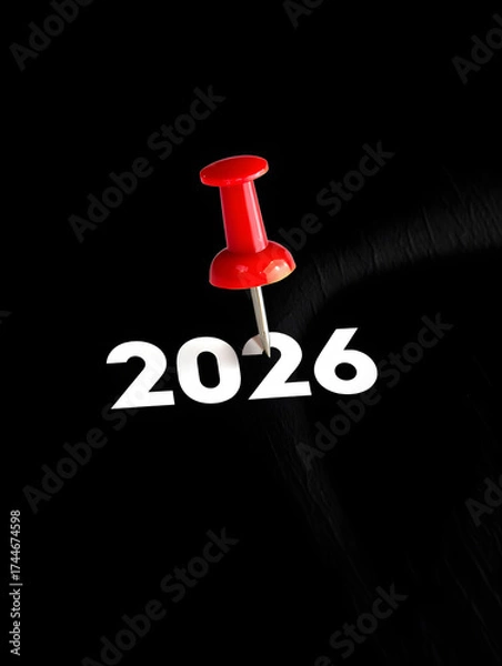Obraz Bold 2026 Typography with Red Pushpin on Black Background