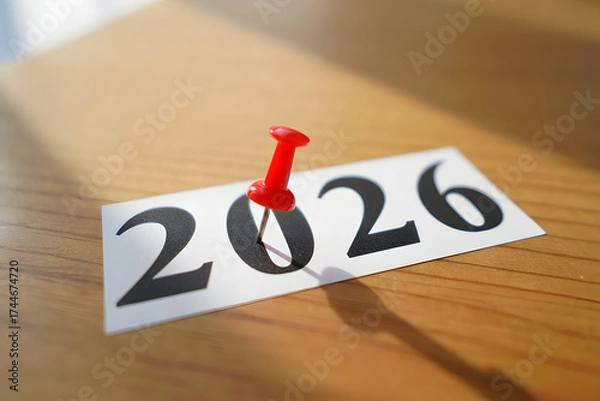 Obraz 2026 Calendar Planning with Red Pushpin on Corkboard in Office Setting