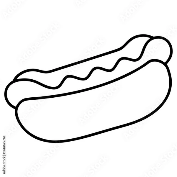 Obraz A simple black outline drawing of a hotdog with mustard on a white background