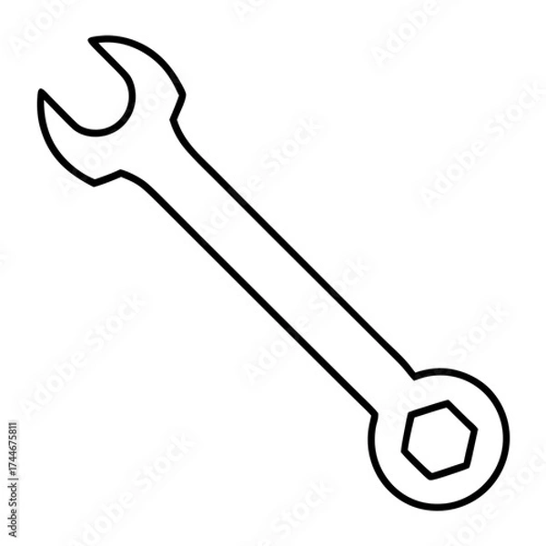 Obraz Illustration of a black outline wrench with an open end and hexagon socket