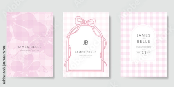 Fototapeta Wedding invitation card background vector set. Minimal hand drawn flower and ribbon frame. Design for wedding, vip cover template, rsvp modern card, poster.