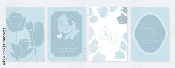 Fototapeta Wedding invitation card background vector set. Minimal hand drawn blue flower, butterfly, ring and frame. Design for wedding, vip cover template, rsvp modern card, poster.