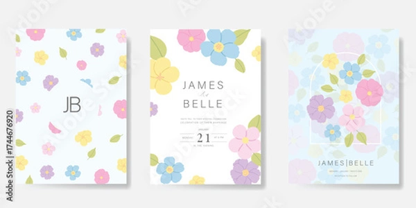 Fototapeta Wedding invitation card background vector set. Minimal hand drawn  flower, leaves and pattern. Design for wedding, vip cover template, rsvp modern card, poster.