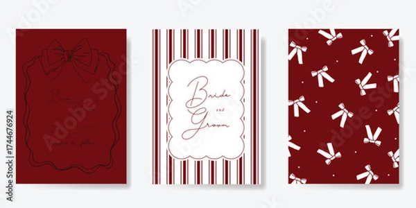 Fototapeta Wedding invitation card background vector set. Minimal hand drawn  ribbon frame and pattern. Design for wedding, vip cover template, rsvp modern card, poster.