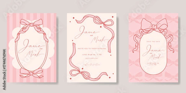 Fototapeta Wedding invitation card background vector set. Minimal hand drawn  ribbon frame and pattern. Design for wedding, vip cover template, rsvp modern card, poster.