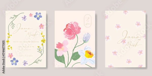 Fototapeta Wedding invitation card background vector set. Minimal hand drawn  flower, leaves in watercolor texture. Design for wedding, vip cover template, rsvp modern card, poster.
