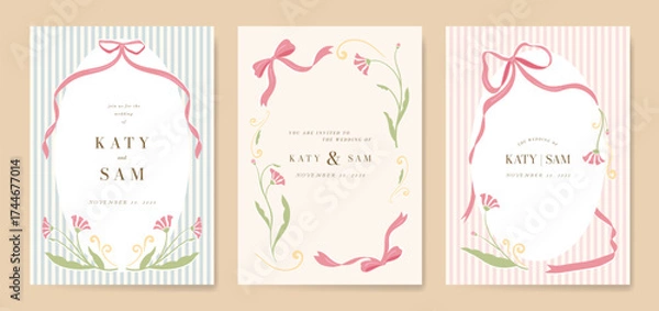 Fototapeta Wedding invitation card background vector set. Minimal hand drawn ribbon frame and flower. Design for wedding, vip cover template, rsvp modern card, poster.