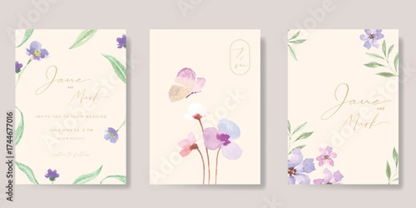 Fototapeta Wedding invitation card background vector set. Minimal hand drawn flower, leaves and butterfly in watercolor texture. Design for wedding, vip cover template, rsvp modern card, poster.