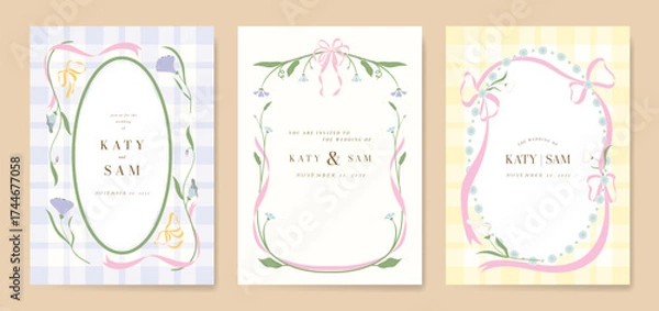 Fototapeta Wedding invitation card background vector set. Minimal hand drawn ribbon frame and flower. Design for wedding, vip cover template, rsvp modern card, poster.
